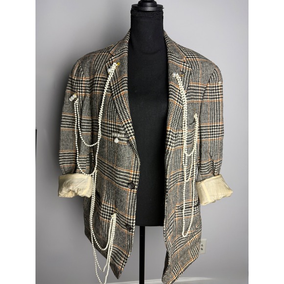 Other - Unisex Glen Plaid Blazer with Draped Faux Pearls and Safety Pin Accents Grey Tan